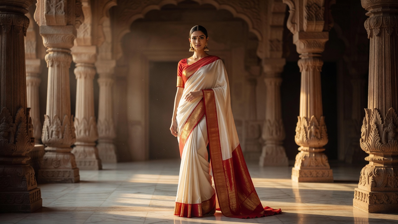 Legacy portrait — ivory saree with crimson gold border in palace setting